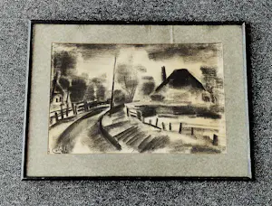 Karel Colnot - Bergense school - Houtskool - boerderijen in landschap - Ingelijst kopen? Bied vanaf 59!
