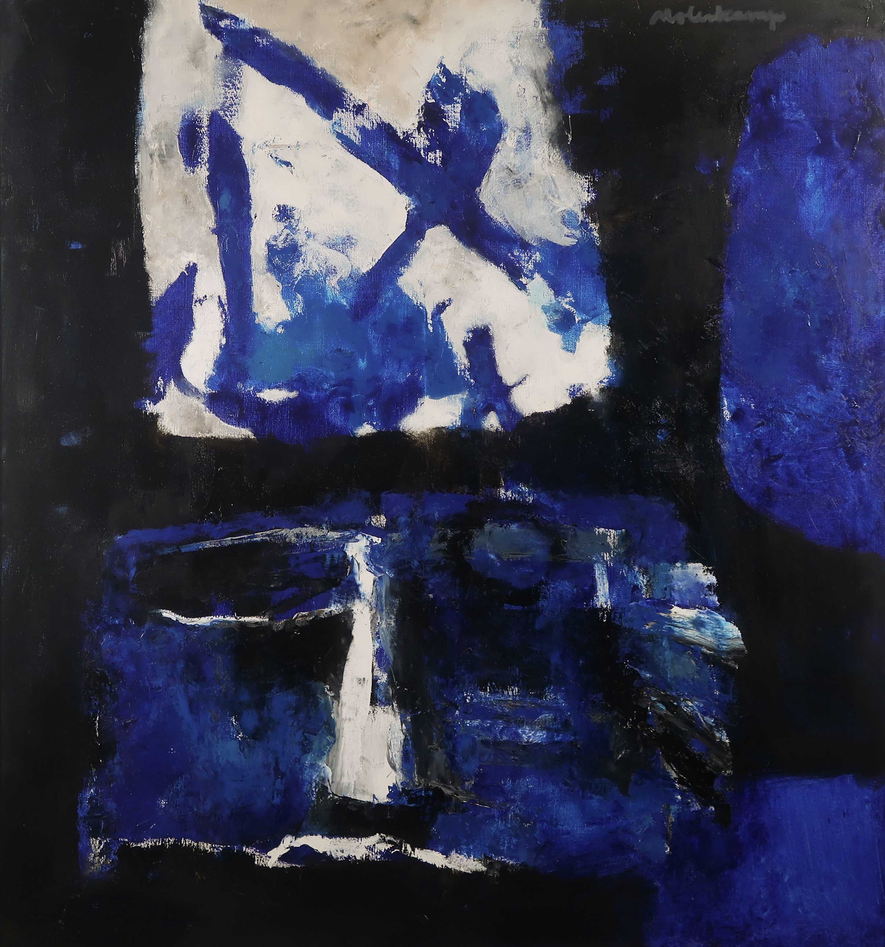 Nico Molenkamp - Olieverf op doek, Masker en schild - Ingelijst (Zeer groot) kopen? Bied vanaf 1500!