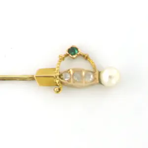 14k geel gouden pin met parel, smaragd en diamant kopen? Bied vanaf 65!