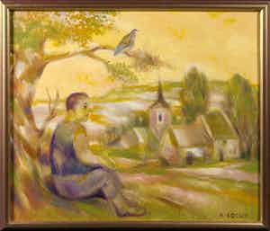 Marcel Cockx - Olieverf op doek, Figuur met landschap -Ingelijst verkocht voor € 1!