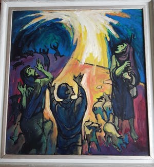 Klaas Pijlman - Olieverf op board, "figuren in het vuur die hogere macht aanbidden" kopen? Bied vanaf 1!