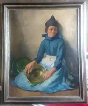 Adri Bleys - Gehurkte Volendamse vrouw met een koperen pan verkocht voor € 450!