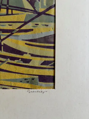 Geert Geerligs - linosnede: bootjes in de haven kopen? Bied vanaf 35!