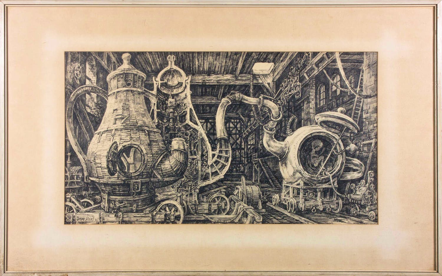 Jakop Slegt - Pen op papier, Zonder titel - Ingelijst verkocht voor € 40!