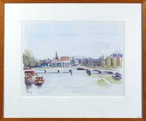 Pat Houkes - Aquarel op papier, Magere brug Amsterdam - Ingelijst verkocht voor € 35!