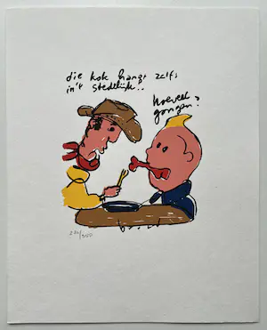 Herman Brood - Kleurenzeefdruk, genummerde oplage | 'Die kok hangt zelfs in 't Stedelijk' |2000 kopen? Bied vanaf 1!