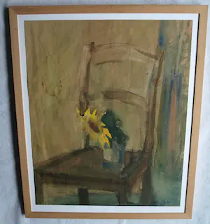 Bob ten Hoope - Ingelijste aquarel , Zonnebloem op Stoel – Lijst, 58 x 48 cm. kopen? Bied vanaf 1!