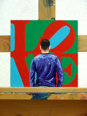Gerard Boersma - Love (Man kijkend naar pop art schilderij van Robert Indiana) kopen? Bied vanaf 75!