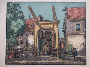 Wilm Wouters - Hollandse stad met ophaalbrug en figuren - Kleurenhoutsnede kopen? Bied vanaf 40!