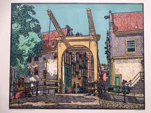 Wilm Wouters - Hollandse stad met ophaalbrug en figuren - Kleurenhoutsnede verkocht voor € 40!