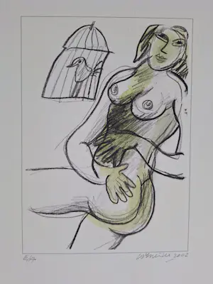 Buy Corneille - Naakte vrouw met vogels in kooi? Bid from 200!