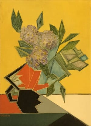 Fenna van der Jest - Stilleven van bloemen in zwarte vaas met gele achtergrond kopen? Bied vanaf 50!