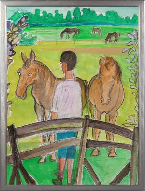 Margot Hudig-Heldring - Gouache, Weide met paren - Ingelijst kopen? Bied vanaf 1!