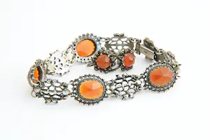 22- ca. 1930 1e ghlt zilver SET armband en paar oorschroeven met Carneool kopen? Bied vanaf 60!