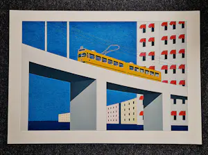 Marinus Fuit - Grote, in 2000 in kleine oplage (50) gemaakte kleuren zeefdruk "tram op brug" kopen? Bied vanaf 65!