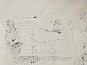 Hannes Postma - Een in 1977 gemaakte grote inkt-tekening "3 nymphen / naaktstrand" kaufen? Bieten Sie von 63!