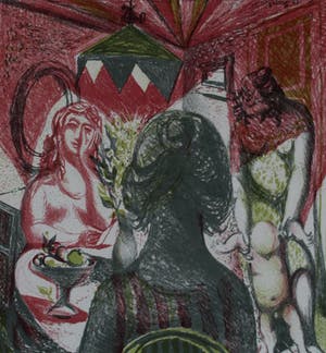 Nicolaas Wijnberg - Kleurenlitho: Interieur met vrouwen en kind kopen? Bied vanaf 75!