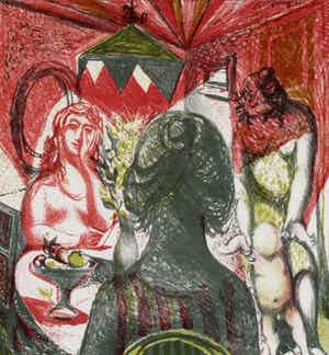 Nicolaas Wijnberg - Kleurenlitho: Interieur met vrouwen en kind verkocht voor € 75!