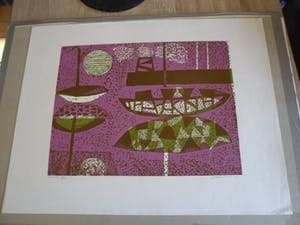 Jenny Dalenoord - Kleuren houtsnede. Titel "Haven". kopen? Bied vanaf 25!