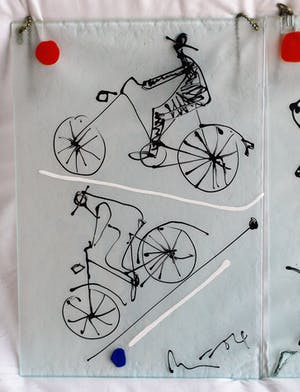 Niet of onleesbaar gesigneerd - 3 op Glas geschilderde werken, Fietsen, Koeien en Varkens - gesigneerd kopen? Bied vanaf 1!