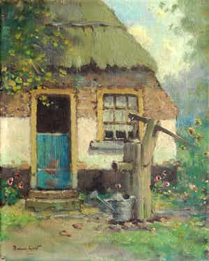 Arnout van Gilst - Olieverf op doek, boerderij met waterpomp – gesigneerd – ca 1945 verkocht voor € 35!