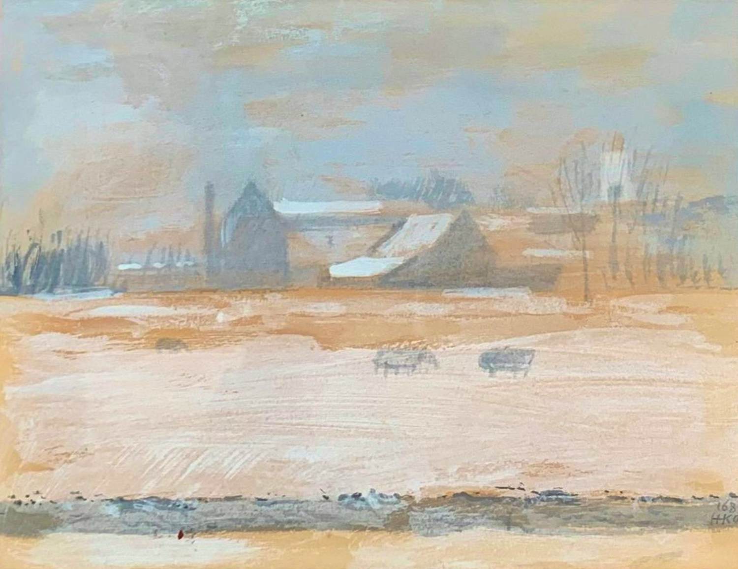 Harm Kamerlingh Onnes - Ingelijste gouache op papier: Winterlandschap - 1968 kopen? Bied vanaf 299!