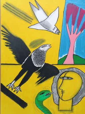 Corneille - GEEL HOOFD & VOGEL / KLEURLITHO / 70x50cm / SIG / 2001 verkocht voor € 95!