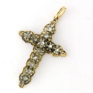 14k goud met zilver kruis hanger bezet met roos diamanten totaal circa 0.10ct kopen? Bied vanaf 285!