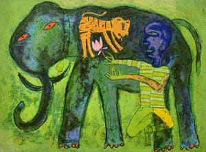 Shahid Parvez - kleurenzeefdruk - 'Man met olifant' kopen? Bied vanaf 80!