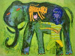 Shahid Parvez - kleurenzeefdruk - 'Man met olifant' verkocht voor € 80!