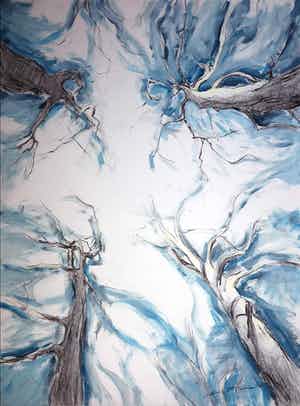 Wim de Bruin - Gemengde techniek op papier, Licht tussen de bomen (Zeer groot) verkocht voor € 1!