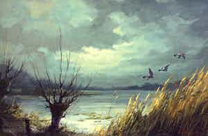 Herman Wijngaard - C5081, Plasgezicht met opvliegende eenden verkocht voor € 350!