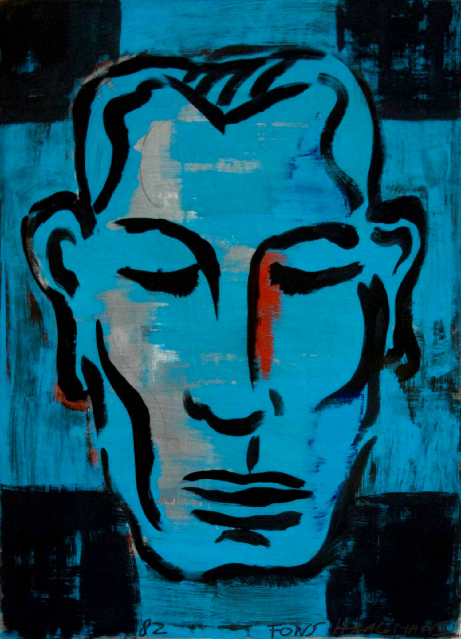 Fons Haagmans - Acryl op papier: masker op blauwe achtergrond - 1982 kopen? Bied vanaf 275!
