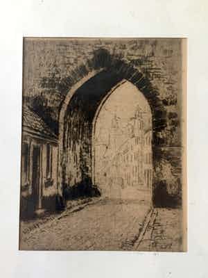 Martin van Waning - "Stadspoort" - Ets, Ingelijst verkocht voor € 35!