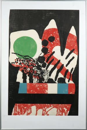 Jef Diederen - Houtsnede op Japans papier, Compositie in groen, rood en blauw - Ingelijst kopen? Bied vanaf 80!