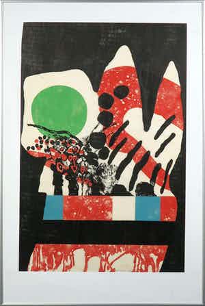 Jef Diederen - Houtsnede op Japans papier, Compositie in groen, rood en blauw - Ingelijst verkocht voor € 80!