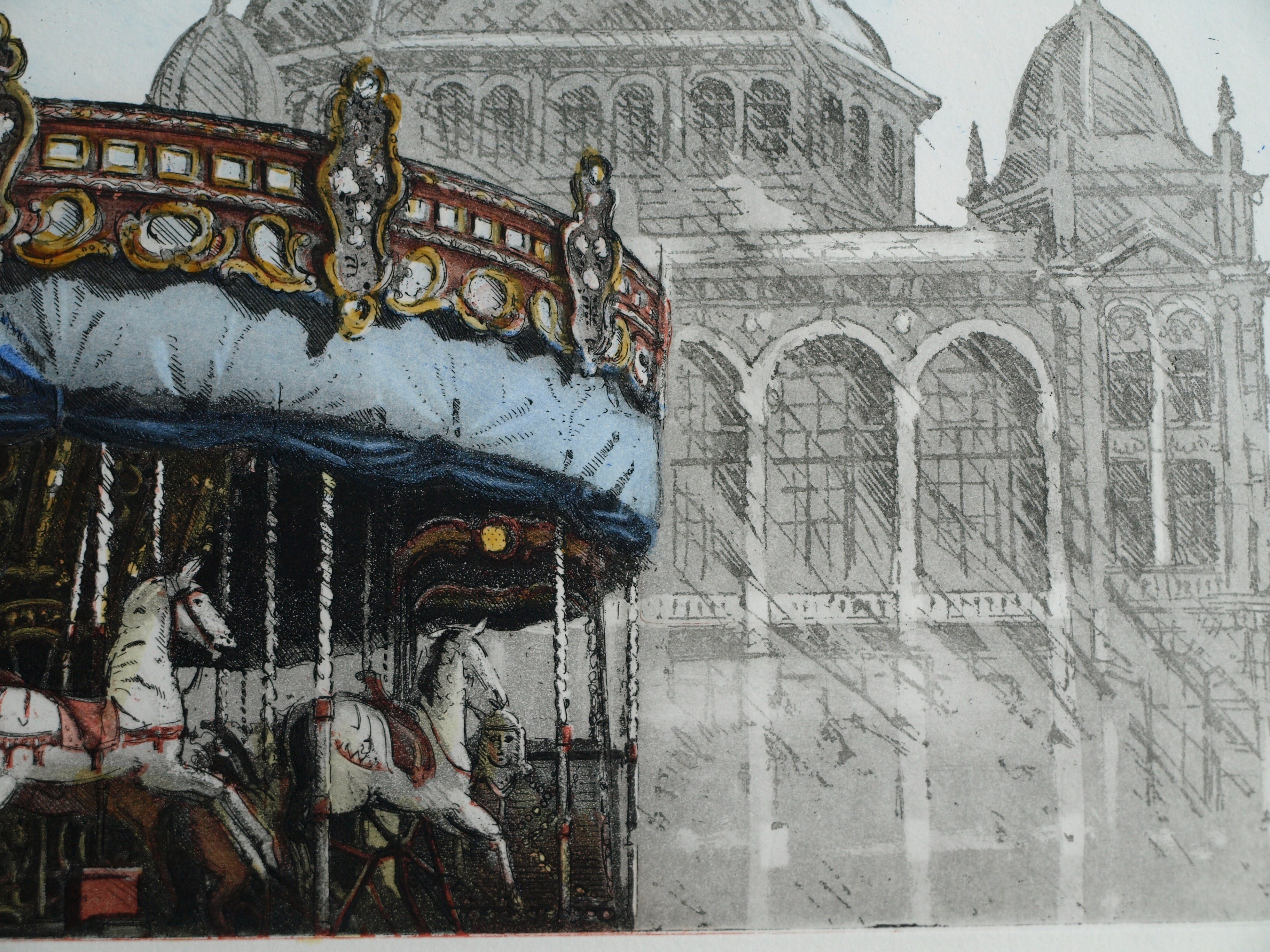 Wim Bettenhausen - Ets , Carousel bij Kurhaus , Scheveningen – ingelijst – 1995 kopen? Bied vanaf 75!