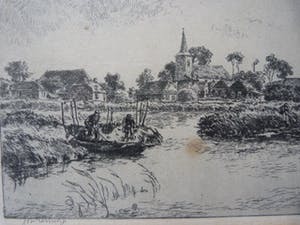 Johannes Elsinga - Fraai meertje met vissers in een boot bij een dorp, waarschijnlijk Friesland. kopen? Bied vanaf 45!