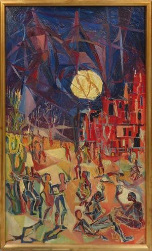 Jaap Bouhuys - (toegeschreven aan) - Olieverf op hardboard, Vele figuren bij maanlicht kopen? Bied vanaf 250!