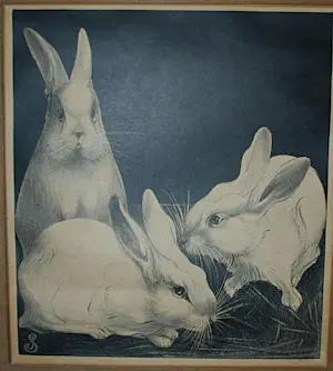 Jan Schonk - steendruk konijnen - ingelijst kopen? Bied vanaf 75!