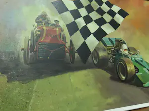 Frits Pieters - 2 schilderijen Tourist Trophy, The checkered flag, en boek Great Auto Races 1980 kopen? Bied vanaf 600!