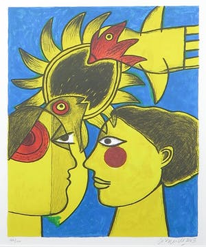 Corneille - Zeefdruk, Couple aux oiseaux - Ingelijst kopen? Bied vanaf 200!