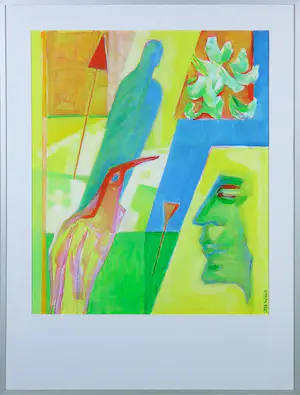Joe Wols - Olieverf op papier, Figuren en vogel in geel - Ingelijst kaufen? Bieten Sie von 1!
