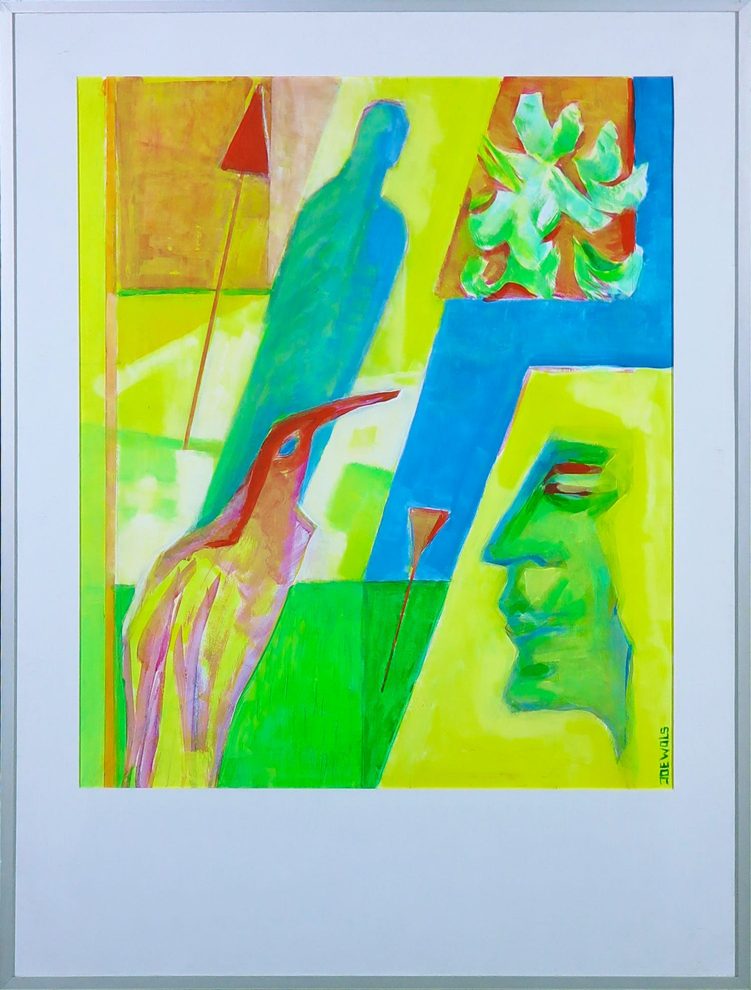 Joe Wols - Olieverf op papier, Figuren en vogel in geel - Ingelijst kopen? Bied vanaf 1!