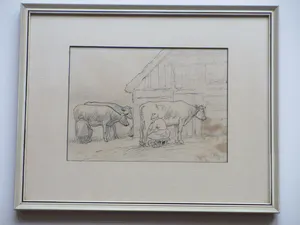 Alphonse Stengelin - Melktijd - Inkttekening en potlood kopen? Bied vanaf 55!