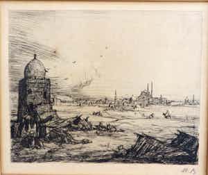 Marius Bauer - Oosters stadsgezicht met kamelen en figuren op de voorgrond verkocht voor € 75!