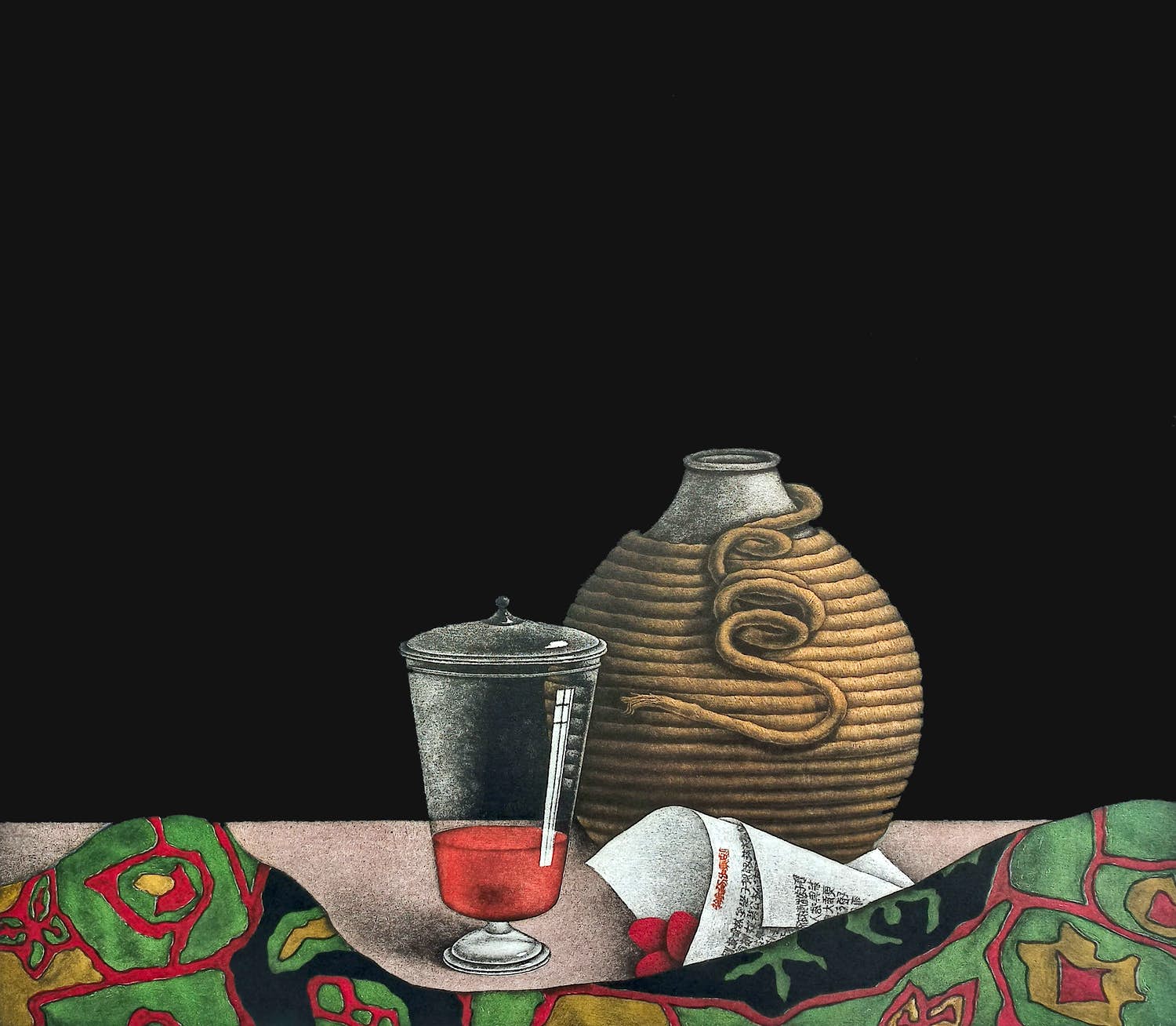 Tomoe Yokoi - Sake fles met aardbeien, mezzotint ets (mooi ingelijst) verkocht voor € 250!