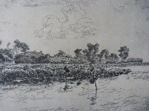 Johannes Elsinga - Fraai meertje met vissers in een boot bij een dorp, waarschijnlijk Friesland. kopen? Bied vanaf 45!