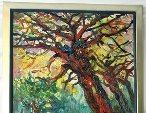 Hasan Djaafar - Ingelijst, olieverf op doek op board (marouflé), “Rode boom” – Groot - 93 x 73 kopen? Bied vanaf 300!