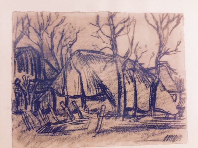 Jan van Eyk - Houtskooltekening van een boerderij/stallen op platte land. kopen? Bied vanaf 250!